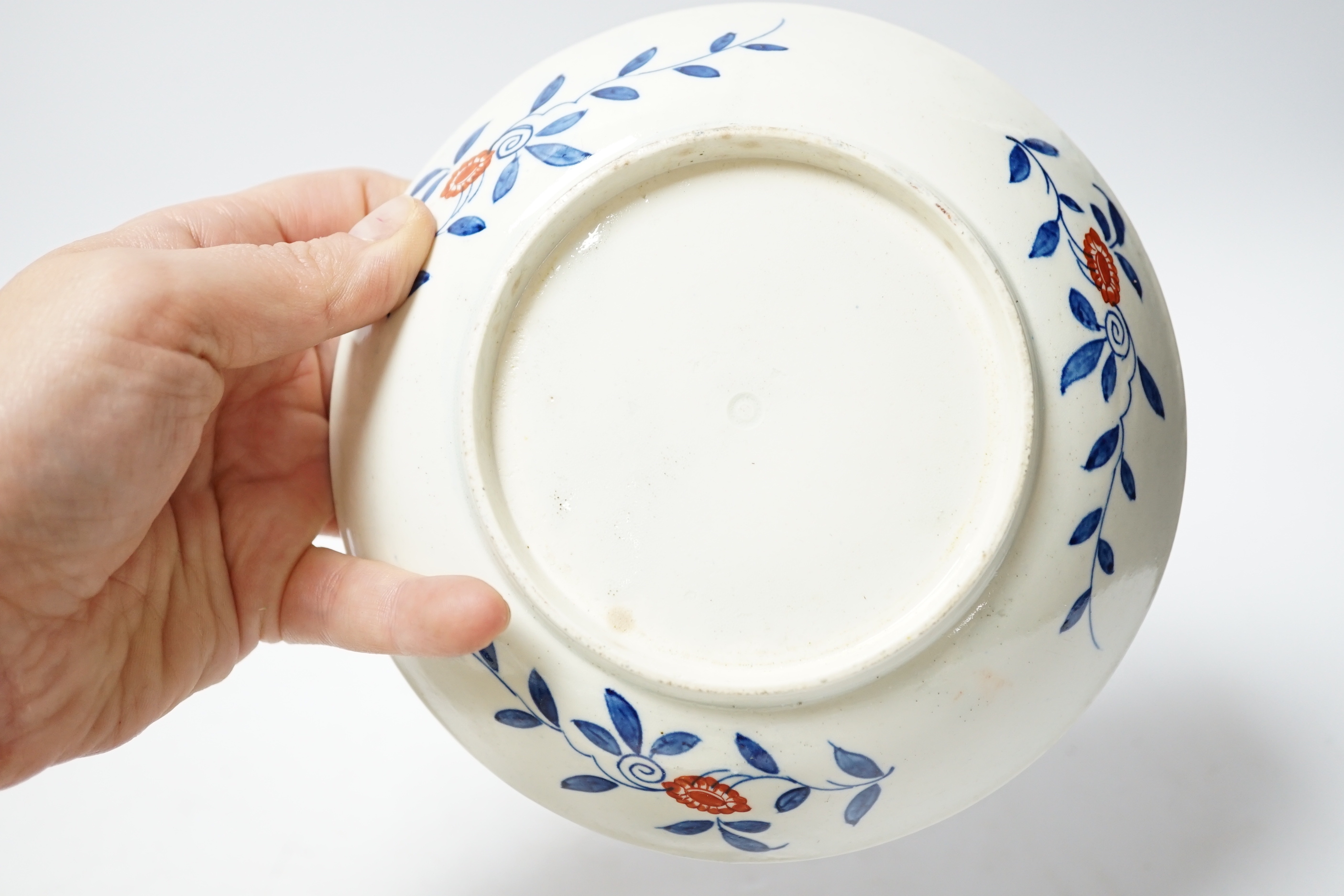 A Worcester carnation pattern dessert dish c. 1770, Royal Lily pattern saucer dish, two sugar bowls and a Plantation pattern saucer